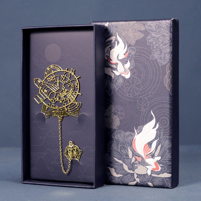 Scorpio zodiac bookmark in brass-tone metal with chain and charm in a dark blue gift box