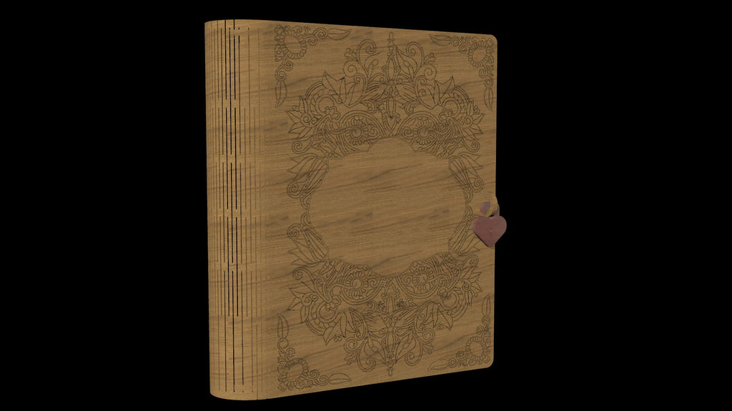 Wooden cover journal with engraved floral frame, slotted spine and heart-shaped clasp, rendered on black