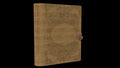 Wooden cover journal with engraved floral frame, slotted spine and heart-shaped clasp, rendered on black