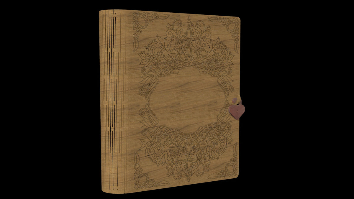 Wooden cover journal with engraved floral frame, slotted spine and heart-shaped clasp, rendered on black