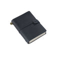 Passport-size leather journal in black with an elastic band closure