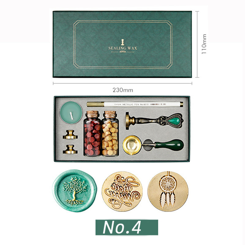 Wax seal kit with tree of life, Best Wishes and dreamcatcher stamp heads, red and amber wax beads, green box