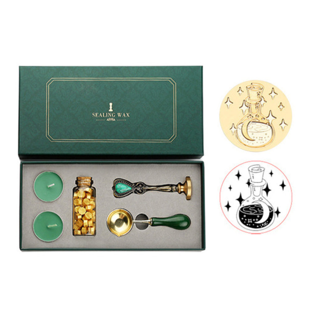 Wax seal set with potion bottle, crescent moon and stars stamp, gold wax beads, tea lights and spoon