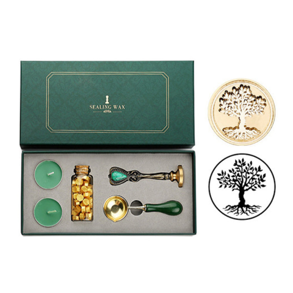 Wax seal set with tree of life stamp, gold wax beads, two tea lights and melting spoon in a green gift box
