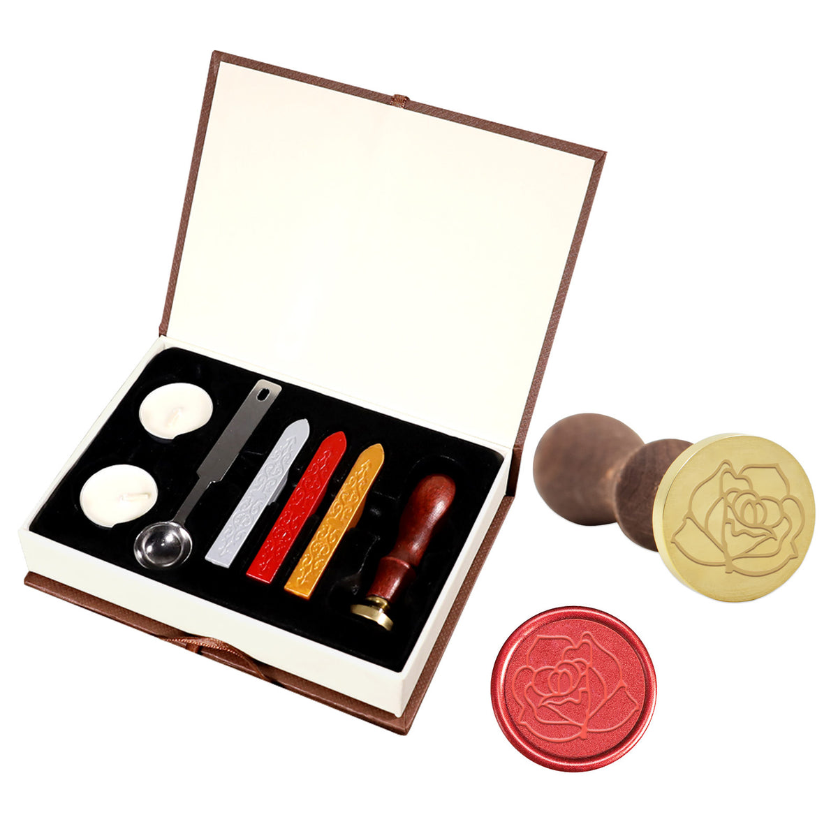 Rose wax seal gift box with outline rose stamp, wax sticks, spoon, tea lights and red sample seal