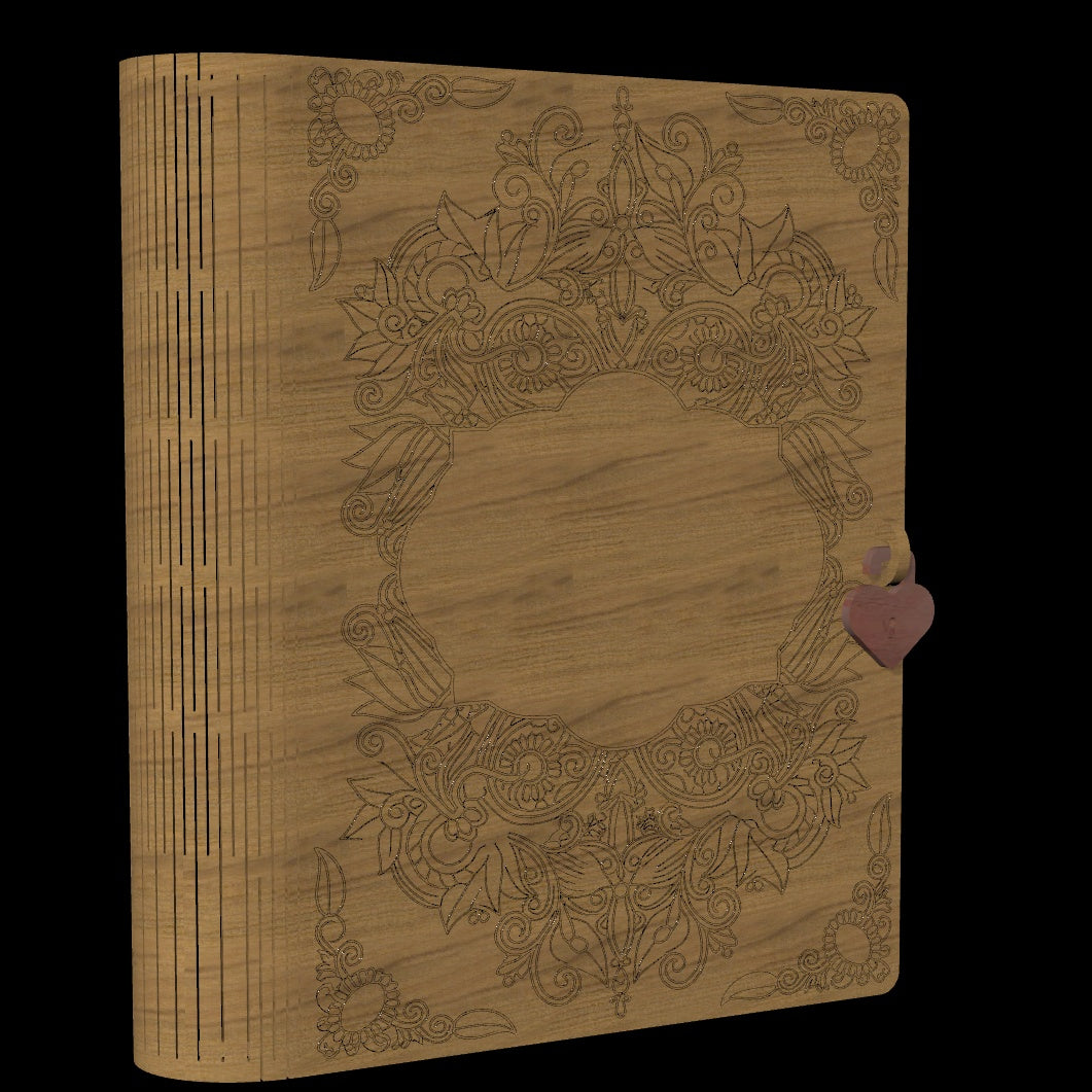 Close render of the engraved floral cover, slotted spine and heart clasp of the wooden journal