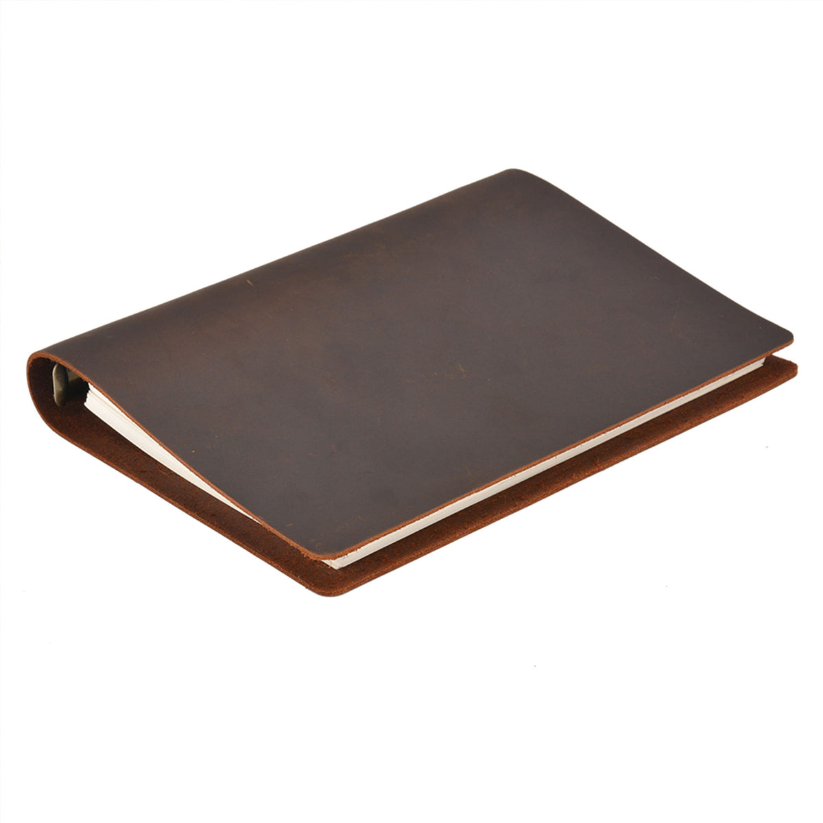 Side view of the closed A5 leather binder journal on white