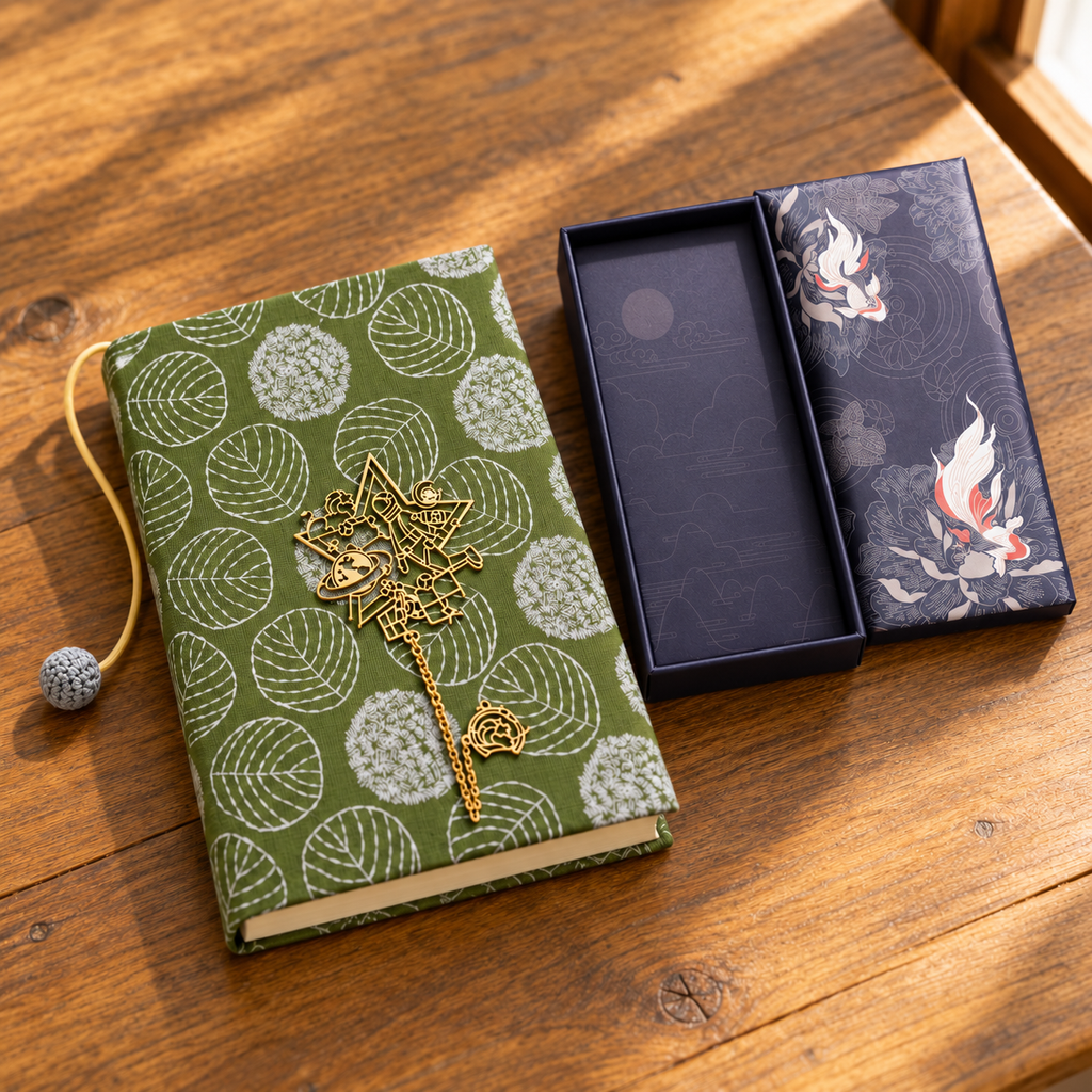 Book lover gift set together: green leaf fabric book jacket on a book and a zodiac bookmark with its gift box