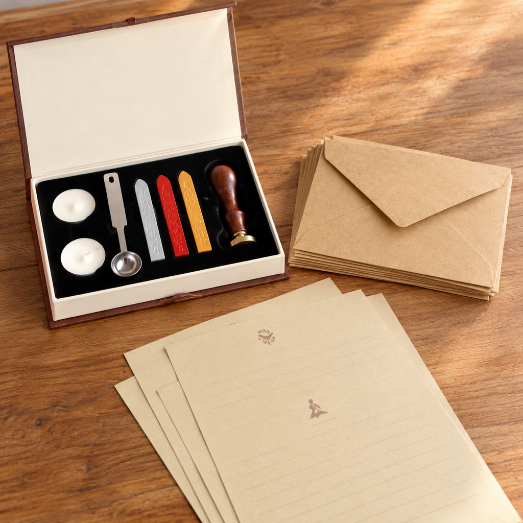 Letter writing gift set together: rose wax seal kit, kraft letter paper and kraft envelopes on a wooden desk