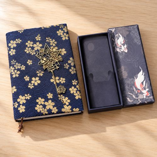 Mini book lover gift set together: navy cherry blossom fabric book cover on a book and a zodiac bookmark with its gift box