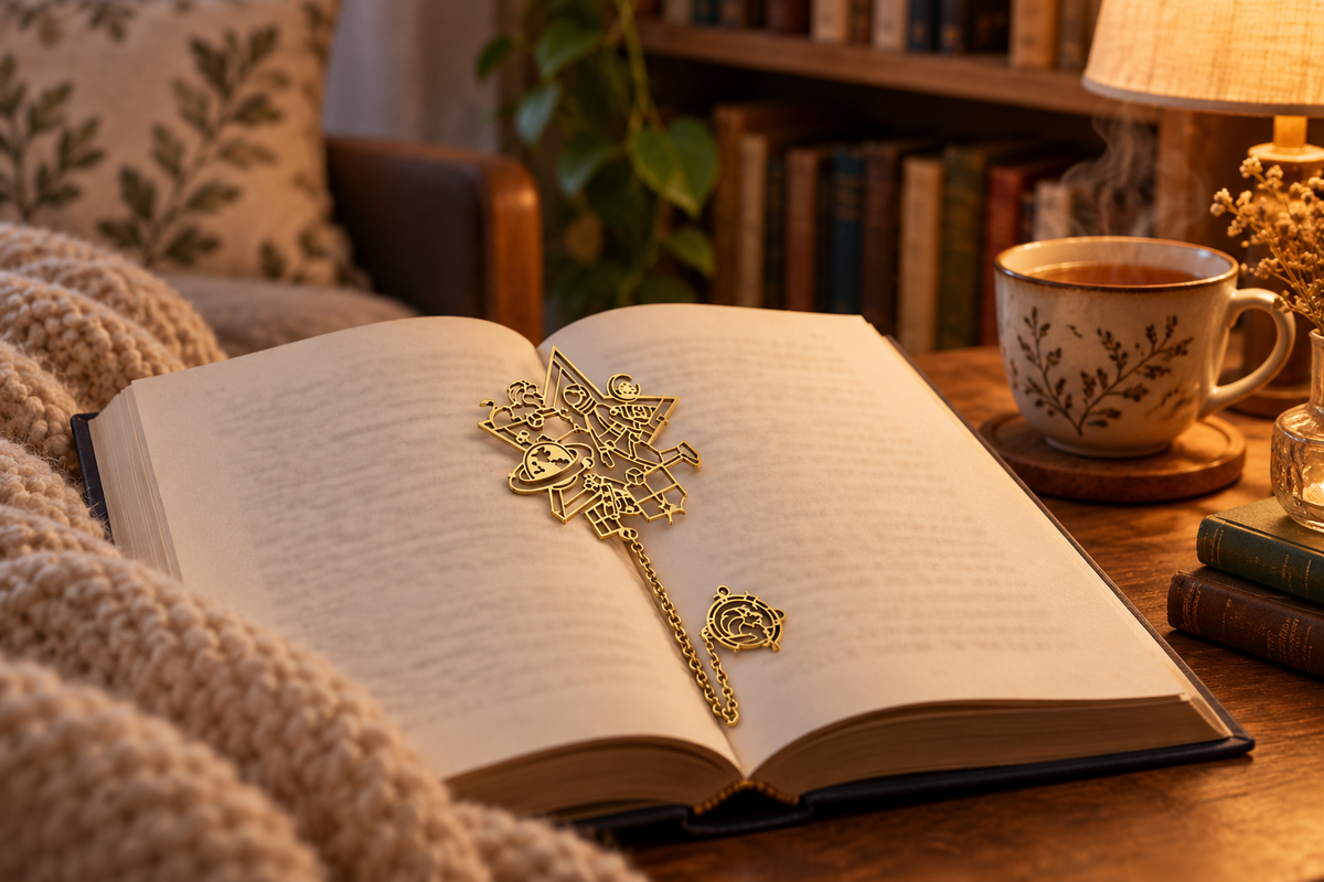 Gold-tone zodiac bookmark with chain lying in an open book in a cozy reading corner