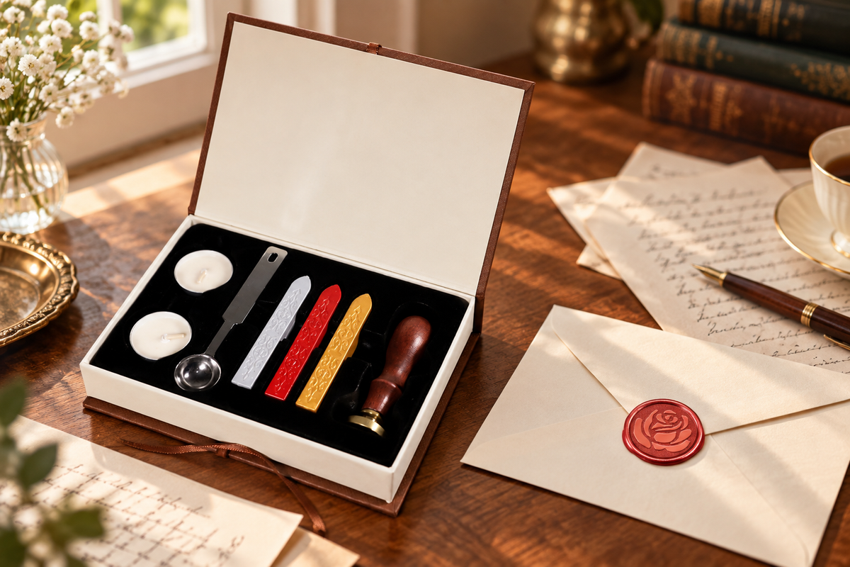 Rose wax seal kit open on a wooden writing desk beside a cream envelope sealed with red wax