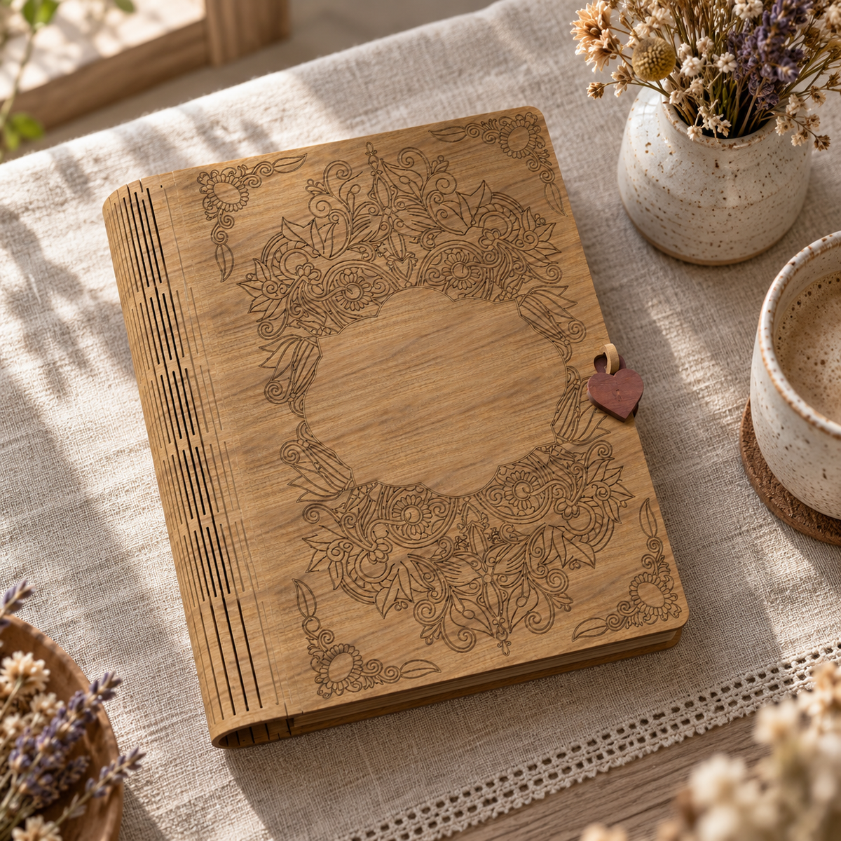Wooden cover journal with engraved floral frame and heart clasp on a linen table by a window