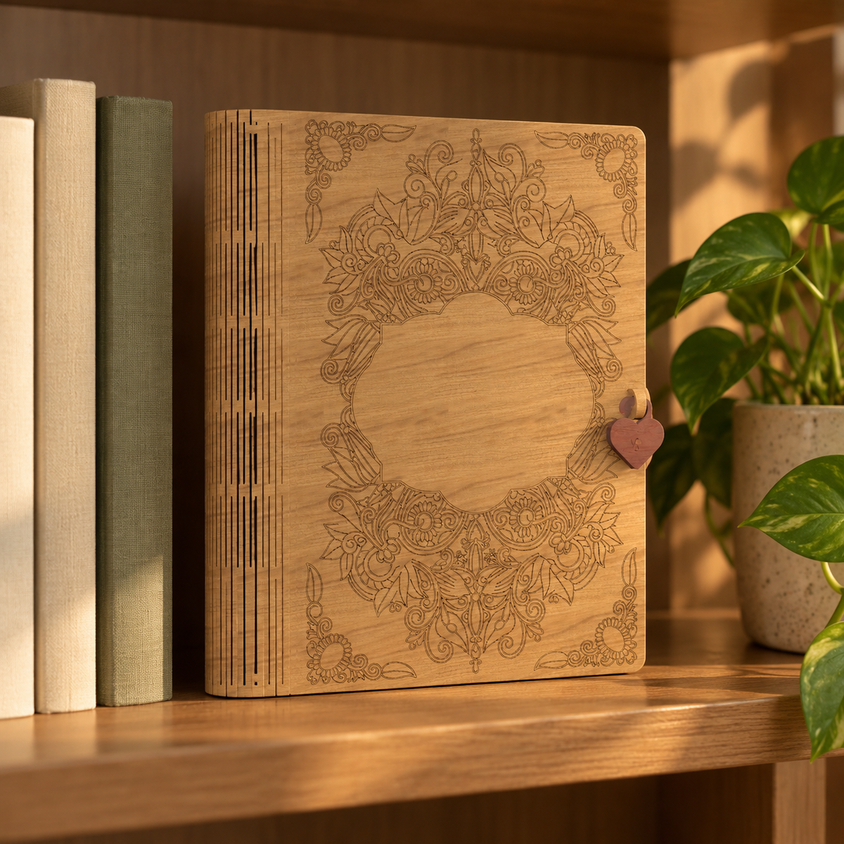 Wooden cover journal standing upright on a bookshelf next to books and a small plant